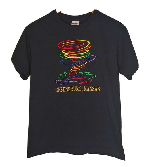 Greensburg, Kansas Men's Small T Shirt Rainbow Embroidered Tornado Storm Black - Picture 1 of 5